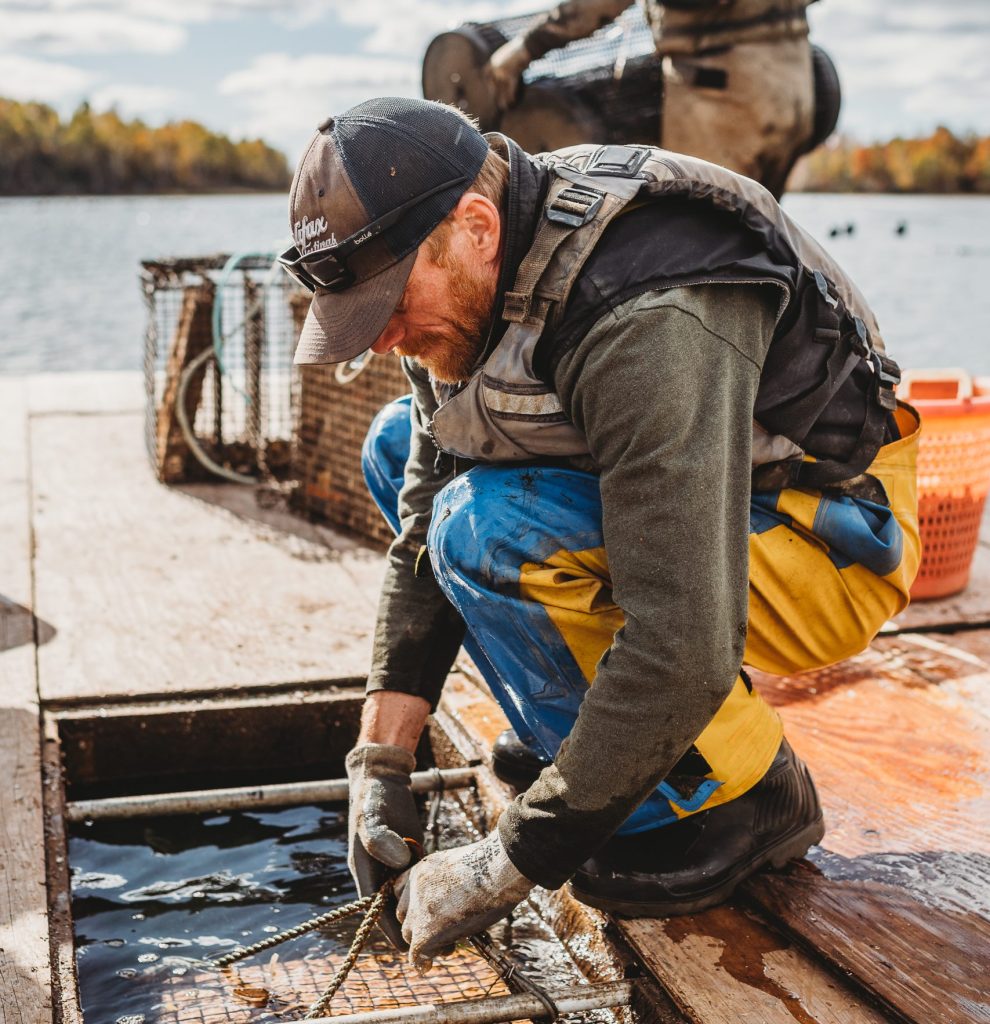 A worker hooking up an oyster cage.